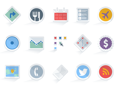 Icon Set analytics calendar directions flat flight glare iconography icons long shadow set signage swatches