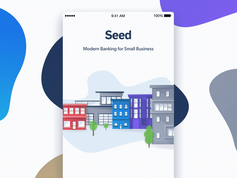 Seed Welcome Flow Animation bar chart buildings illustration business banking credit card framer prototype ios iphone onboarding flow product feature flow signup animation urban modern icon ux ui registration walkthrough