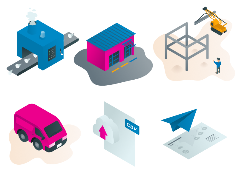 Wholesale Process Illustrations crane storefront manufacturing van industrial gradient isometric