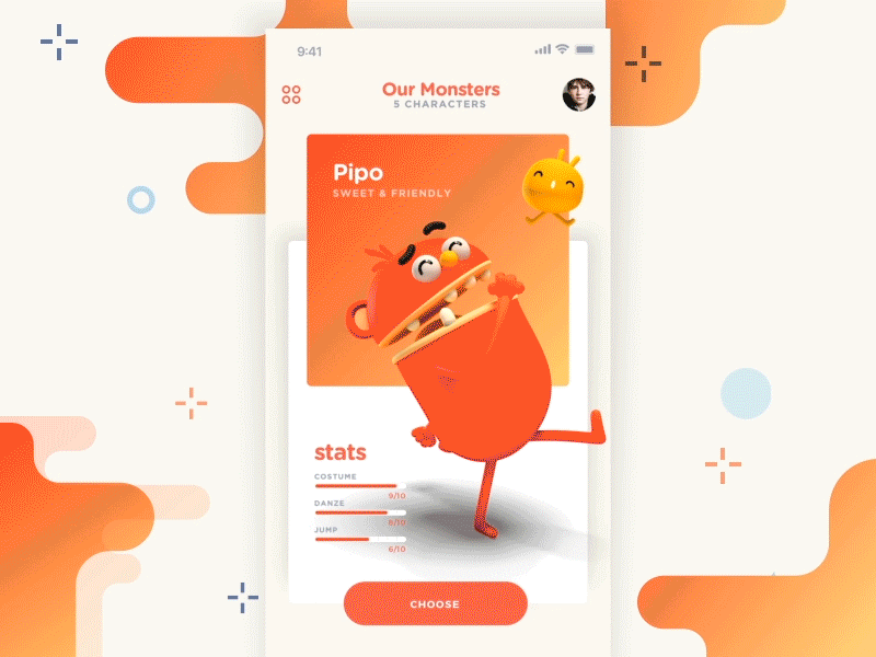 Petoons App - Monster choice animation app cards characters colors game ios iphonex kids slider ui ux