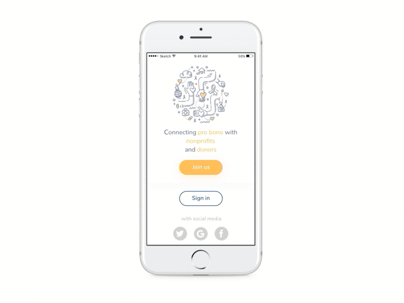 Animated sing up to iOS mobile app for nonprofit product