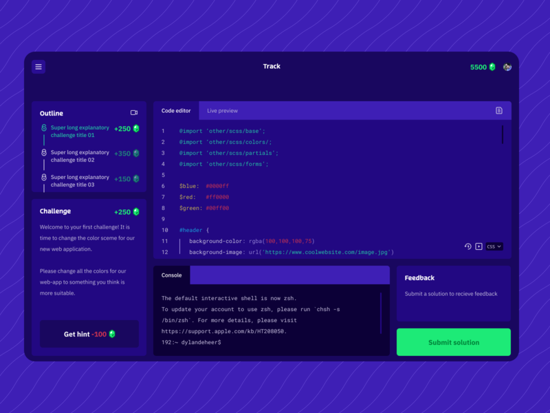 Concept screen: Instruqt learning environment challenges code css figma interface learning platform ui