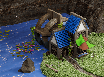 Little Water Mill 3d 3d art cinema 4d environment game game design grass house modular quixel redshift water water mill