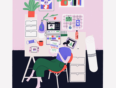 Colorful designer desk character color designer desk home illustration laptop procreate woman work workspace
