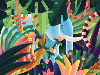 Jungle digital elephant flower forest green illustration jungle monkey nature plant vector
