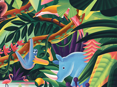 Jungle bird digital digitalillustration flamingo flower forest illustration jungle nature plant rhinoceros river sloth