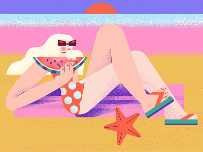 Summertime beach character glass illustration sea star summer summertime sunset watermelon woman