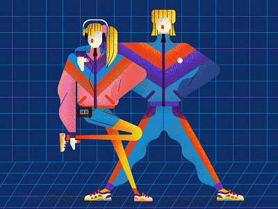 Retro style 90s character color digital illustration man plant player retro vector woman