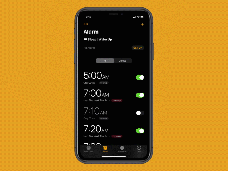 My Problems #2 - Grouping In Alarms animationer app apple clean clock clock app design flat ios minimal problem problem solving prototype real life simple solution ui ux uxer