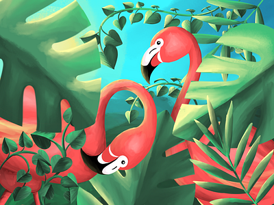 Flamingos art birds colorful flamingo flamingos illustraion jungle minds leaves procreate procreate art procreateapp