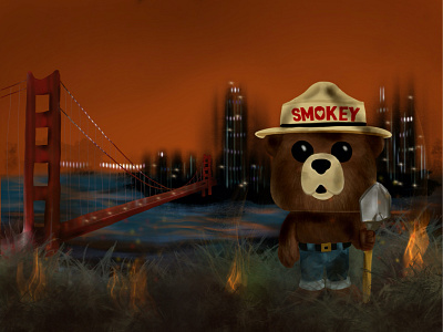 Smokey in SF 2d 2d character bear city design fire global warming golden gate bridge illustration san francisco sf smokey ui vector