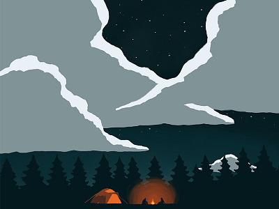 Camping campfire camping campsite clouds cosy cute as digital illustration editorial editorial illustration illustration minimal minimal illustration night scene night sky stars travel