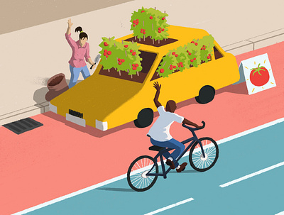Carless City car free city characters conceptual creative cycling digital illustration editorial editorial illustration editorialillustration illustration minimal minimal illustration plants recycling