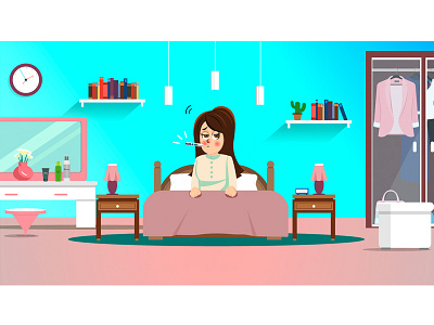 HAAD Asthma campaign - Sick Woman animation bed bedroom books character design shelfs sick thermometer woman