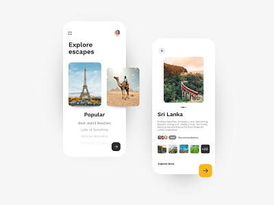 Explore escapes | Minimal Travel App Concept discover explore gallery minimal travel app mnimalist mobile design more selection srilanka travel app travel app ui traveling white ui