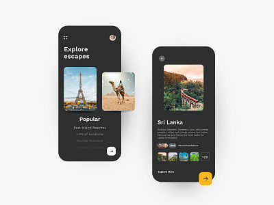 Explore escapes | Minimal Travel App Concept - Dark Mode adventure dailyui dark dark app dark mode dark ui home screen minimal black selection travel travel agency travel app