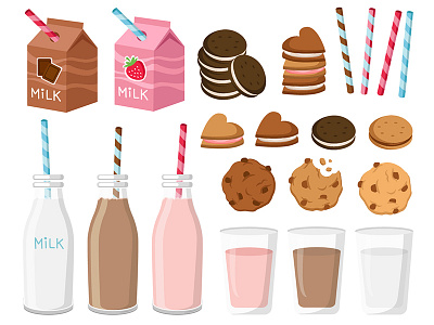 Milk & Cookies drawing flat illustration stickers vector