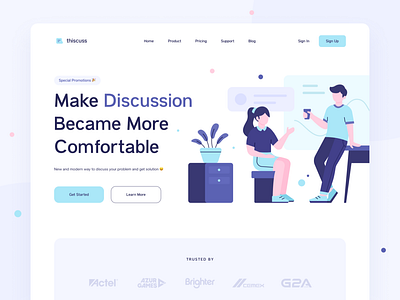 Thiscuss - Website Header Illustration clean design discuss discussion header header illustration illustration landing page simple teamwork ui ux web design working