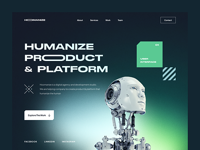 Hoomanize Digital Agency Website 🌎 agency clean creative cyberpunk design future futuristic header landing page minimalist modern robot simple studio tech ui ux web design website