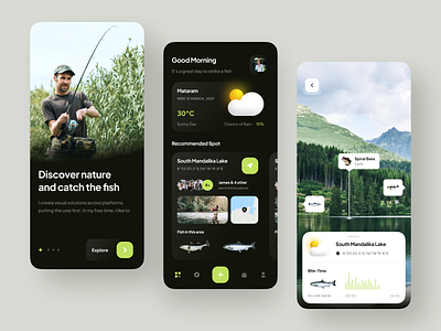 Fisherman's - Fishing Mobile Apps 🎣 analytics augmented reality catching chart clean fish fishing lake location map minimalist mobile nature sea ship simple tracker ui ux weather