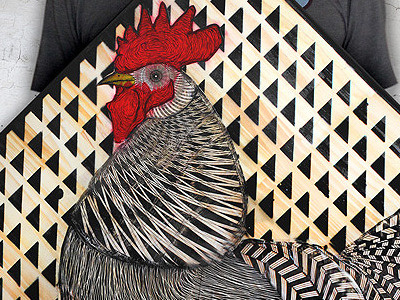 "Gallo!" ("Rooster!") art bird black collage glue paint paste rooster spray stencil wood