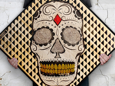 "Cráneo!" ("Skull!") art black bone collage craneo glue mexican mexico paint paste skull spray stencil wood