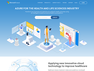 Illustration landing page for health and life sciences industry 3d animation azure banner character freshworks health healthcare illustration iot isometric landing page medical medicine microsoft minimalist motiongraphics people typography uiux