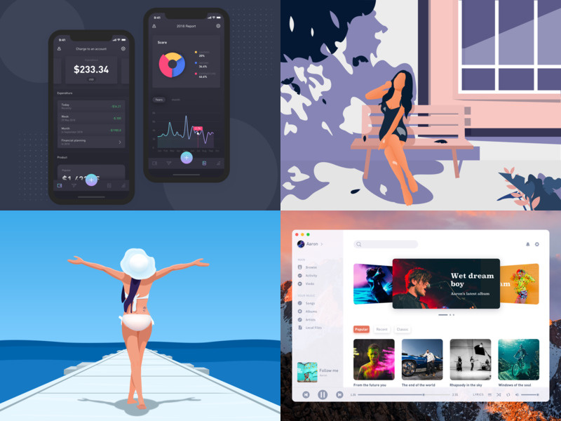 The past 2018 graphic designer beach black music illustration app android user station player radio material dashboard ios application design interface ui