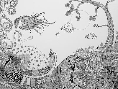 Dreamy Swirls black and white doodle dreams floral design girl line drawing moon night patterns pen drawing sky swirls