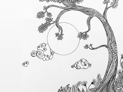 Dreamy Swirls black and white doodles dreams floral designs line drawings moon night pen sketches sky tree