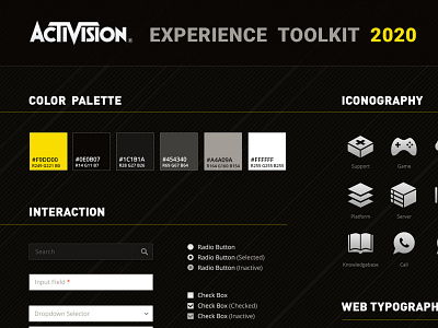 Activision UX Toolkit 2020 activision branding gamification icon illustration isometric logo minimal mobile modern palette scheme standards style guide styleguide typography ui ux web design