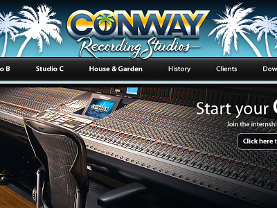 Conway Studios avril lavigne beach blink 182 branding christina aguilera dave matthews band hollywood james blunt kesha landing page palm tree queens of the stone age recording surfer vintage web design