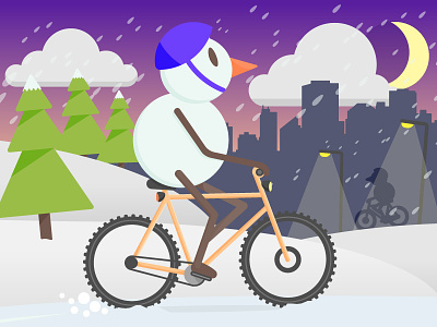 Winter Biking bike city design illustration night snow snowman winter