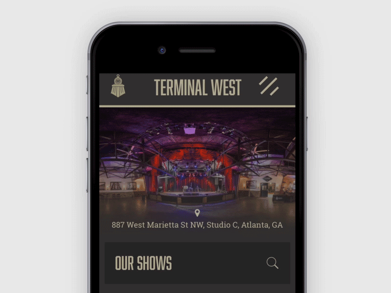 Terminal West Mobile Site atlanta css3 dark hamburger html5 menu mobile music search tickets venue web