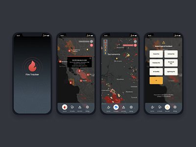 Fire Tracker App air alert app burning emergency fire fire tracker flames map mobile red ui wildfire