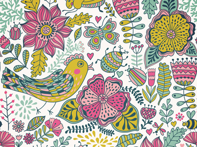 Flowers bird doodle flower pattern