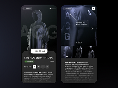 Nike ACG / Product Detail / Dark Mode acg black branding coloful dark dashboard design illustration interface logo mobile nike prototype ui