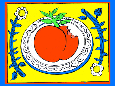 Fruit. bite eat fruit illustration ink juice peach primary colors vegan
