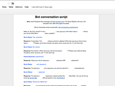 Facebook Messenger Chatbot - Conversation Script bot bots chatbot chatbots conversational facebook flow ideation interaction messenger mobile script