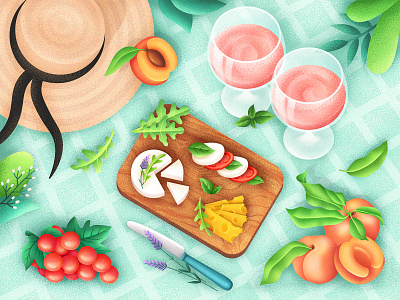 Picnic with Love cheese food fruits grain grape graphic hat illustration illustrator leaves peach picnic wine yummy