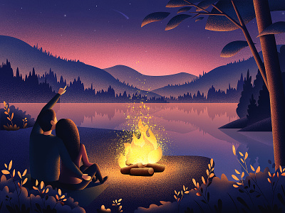 Night Time bonfire fire forest grain graphic illustration illustrator lake landscape love mountain nature night people starry sky sunset