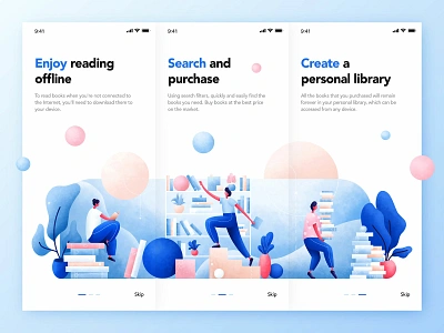 Books App Onboarding app art book book app character design illustration library onboarding onboarding screen people plants read ui uidesign ux ui