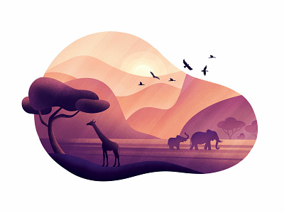 Sunset in Savannah africa art elephant flora giraffe grain illustration illustrator landscape mountains nature savanna sunset tropic tropical