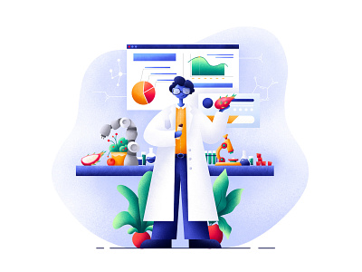 Scientist Journey Foods art character chemistry design fruit grain illustration illustrator laboratory microscope people plants procreate scientist web