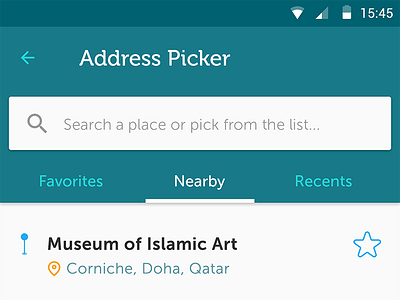 Material Design Address Picker List android application favorites icon list listview material design material list pin taxi view