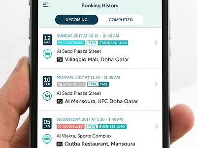 Booking List app booking destination icons iphone limousine listing locations tabs tags taxi uxui