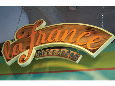 La France Cafe & Crepe Wooden Sign lettering logo rebrand restaurant sign wooden