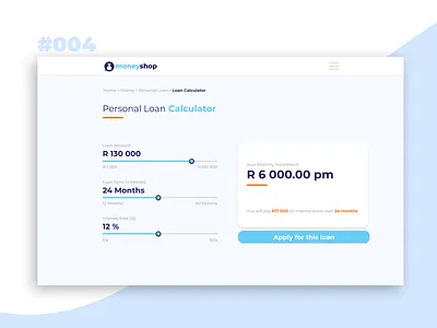 Personal Loans Calculator 004 calculator calculator ui daily 100 challenge dailyui dailyui004 desktop invision invisionstudio minimal personal loan ui ux web