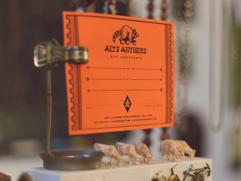 Alt's Antiques Gift Certificate alts antiques gift certificate lettering branding logo layout