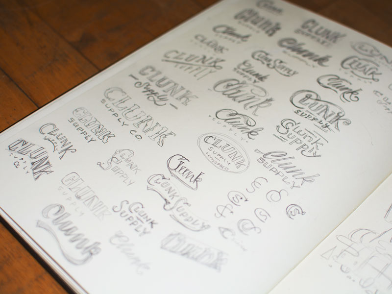Clunk Supply Sketches sketches clunk supply letterpress logo branding script text vintage design classic swash